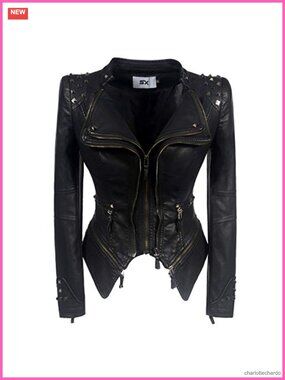 Women's Faux Leather Biker Jacket Studded Perfectly Shaping Aviator Moto